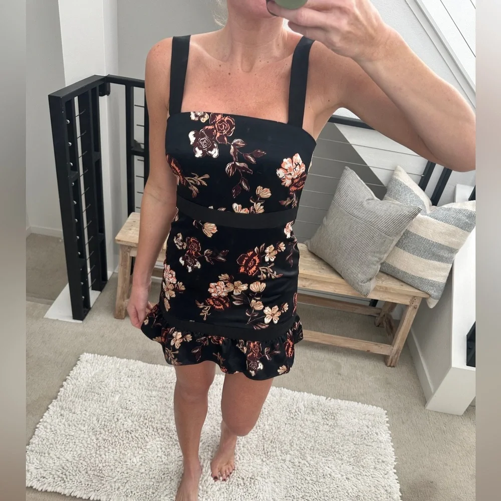 NBD Revolve Ashlynn Black Floral Satin Mini Dress Ruffle Hem Elegant & Flirty S - Picture 4 of 12